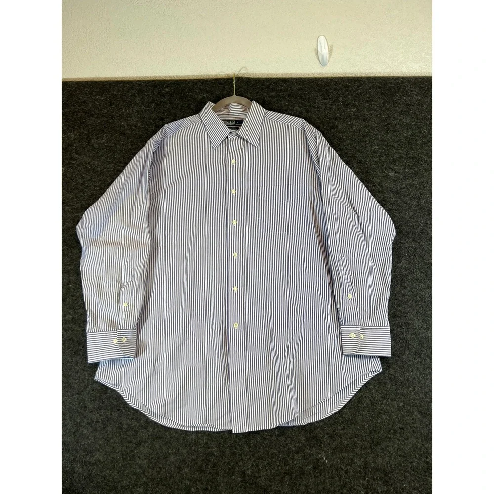 Polo Ralph Lauren Andrew Shirt Mens 17 32/33 Blue White Stripe Cotton LS Shirt